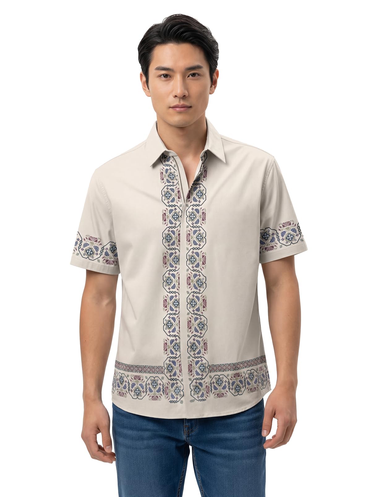 bullmer Trendy Regular Fit Cotton Blend Printed Casual Half Sleeve Zipper Shirt for Men | Stylish Men’s Casual Shirts | Shirts for Men-picture-47