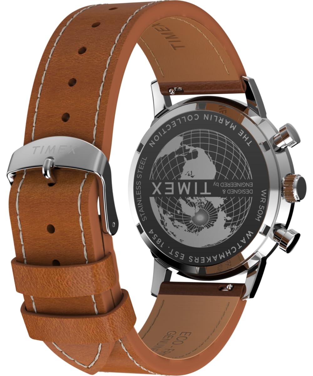 Timex Marlin Chronograph Tachymeter Tw2W99100 Zegarek Męski, 40 mm, Brązowy Skórzany Pasek, Zielona Tarcza i Koperta ze Stali Nierdzewnej