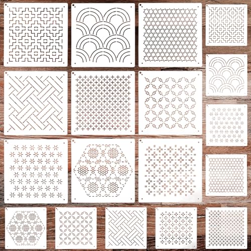 18PCS Plastic Sashiko Stencils, Geometric Sashiko Pattern Template, 2 Size Geometric Embroidery Stencils- 4.7