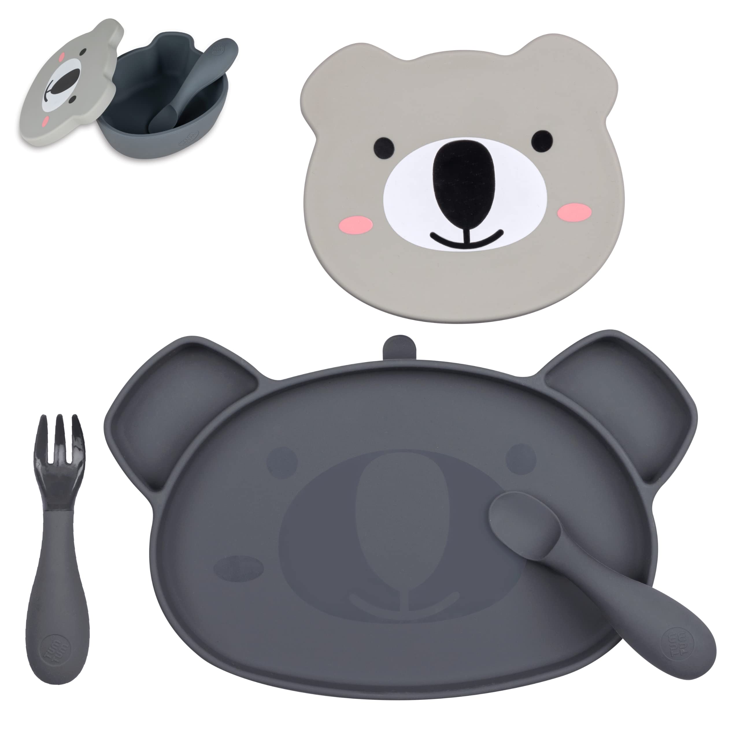 TUM TUM Set de Table Enfant, Assiette Ventouse pour Bébé Bol, Couverts Enfant, 6 m+, Kev le Koala, Gris