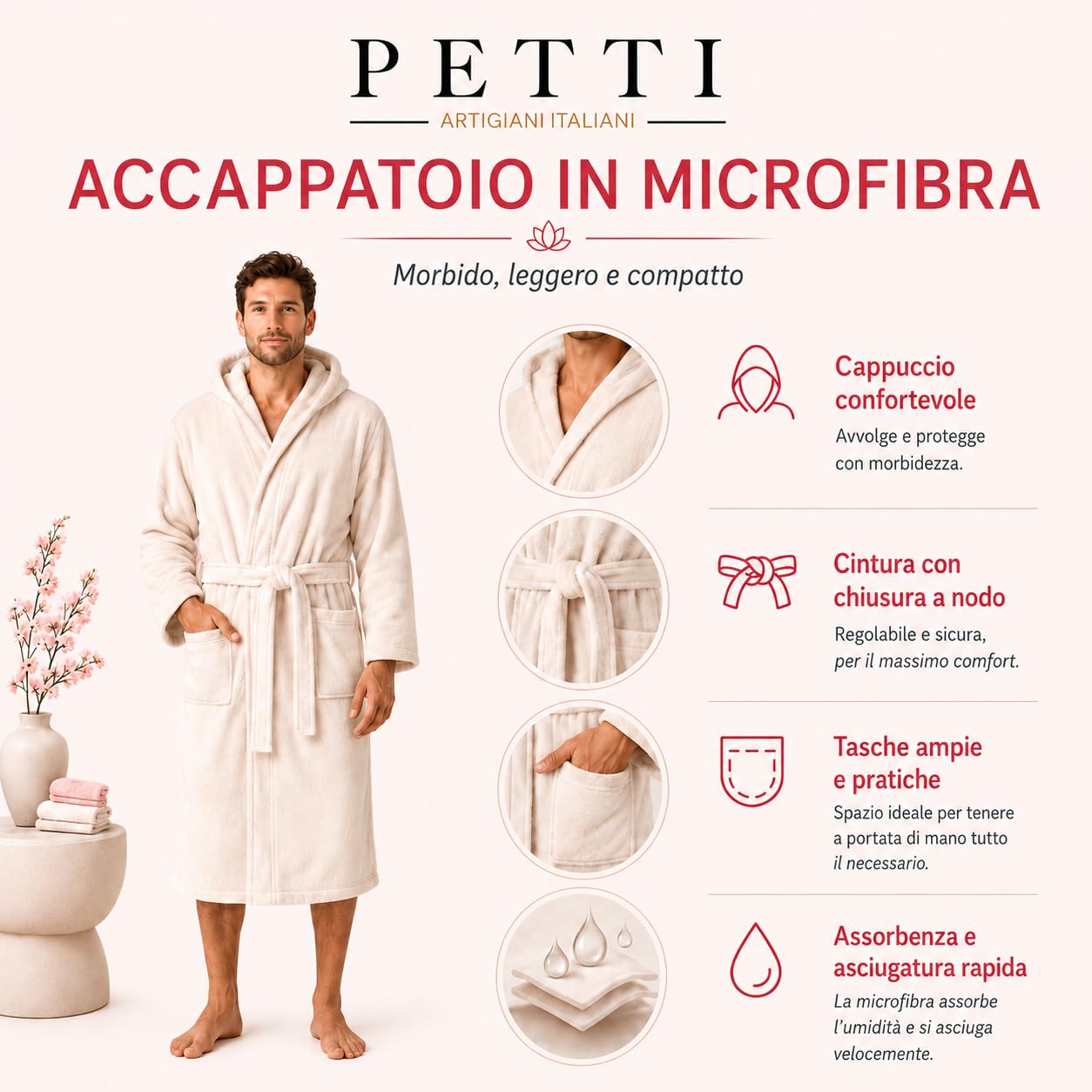 PETTI - Albornoz, Albornoz Mujer, Albornoz Hombre, Albornoz Unisex, Albornoz Microfibra, Albornoz con Capucha Bolsillos y Cinturón