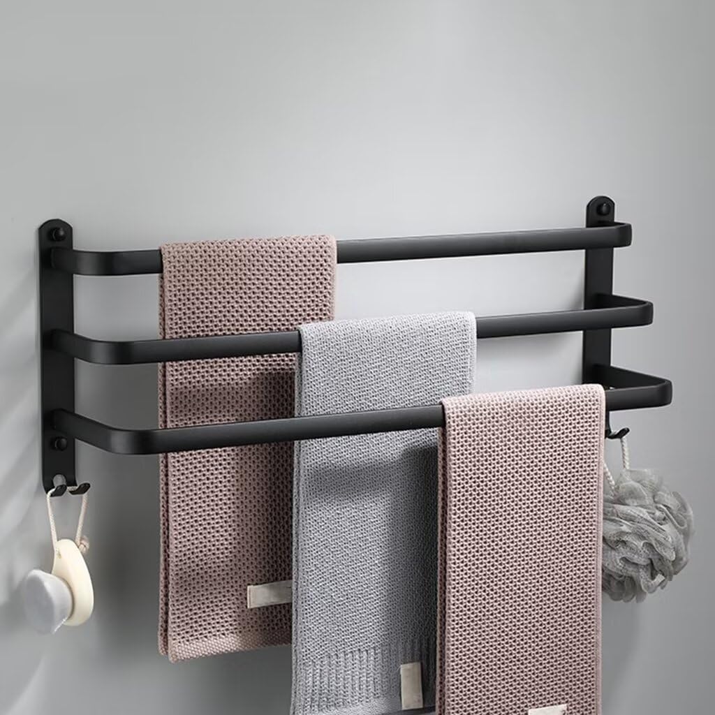 Porte Serviette Salle de Bain sans Percage Porte-Serviettes Murale Noir avec 2 Crochets Barre Serviette en Aluminium Cuisine Noir 3 Couches 60cm