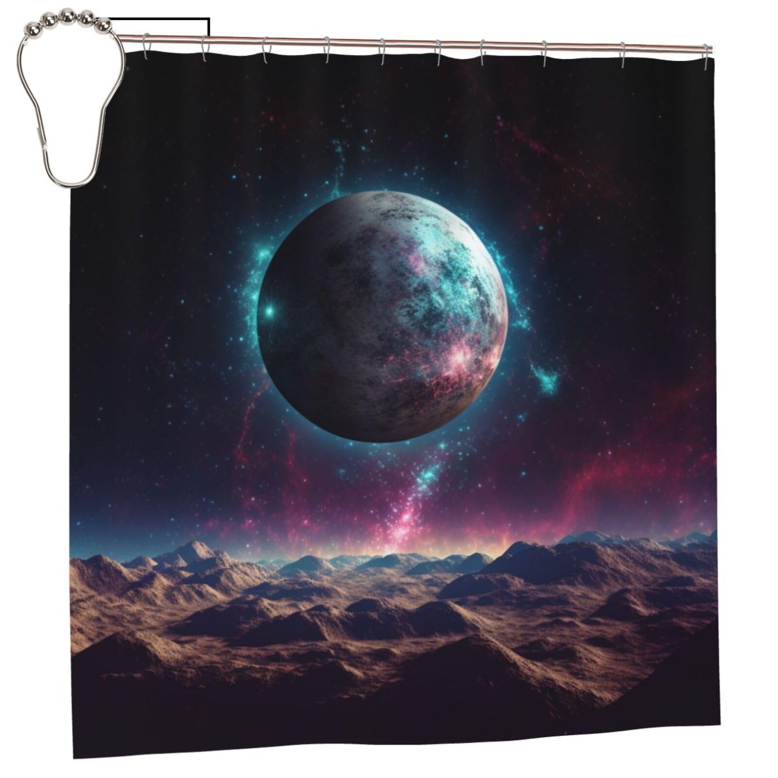 BWWHCCTI Galaxy Planet Printed Shower Curtain With 12 Iron Hooks Opaque Quick Drying Waterproof Shower Curtains Sets For Bathroom 183x183 CM