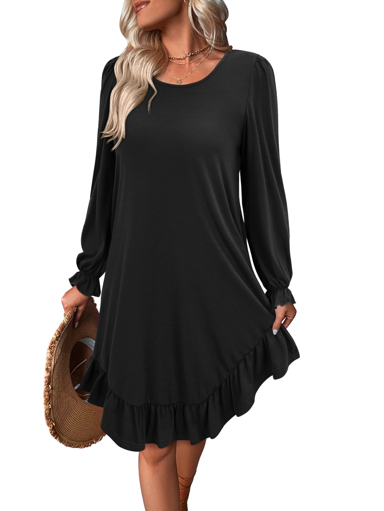 LANISENFall Dresses for Women 2023 Long Sleeve Solid Ruffle Hem Casual Loose Swing Dress with Pockets