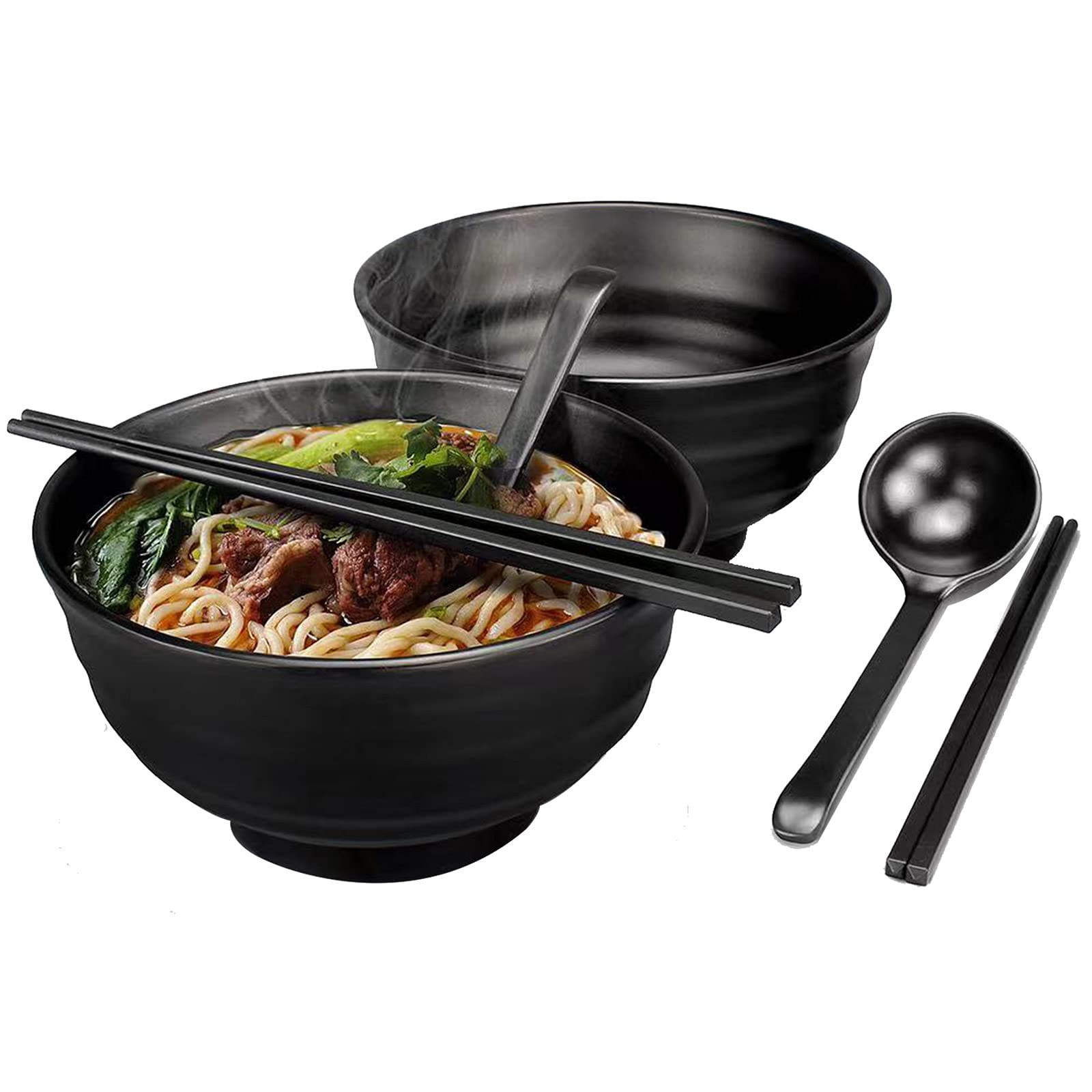 2 juegos (6 piezas), cuencos de sopa, juego de cuencos japoneses, viene con palillos y cucharas, cuencos para sopa, apto para lavavajillas, cuenco multifuncional para cereales para pasta, color negro