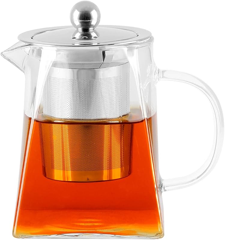 BONNACC Üveg Teáskanna Szűrővel 500ml, Négyzetes Boroszilikát Üveg Teafőző Rozsdamentes Acél Betéttel, Hőálló Teáskészítő