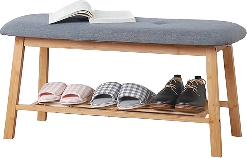 panfudongk Banco de zapatos, banco de zapatos de bambú de 2 niveles con cojín acolchado para entrada, entrada, pasillo, dormitorio, sala de estar