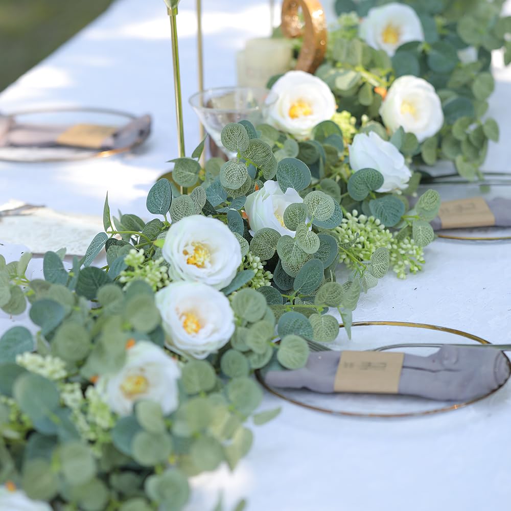 HOCEDO 2/4 pièces 2M Artificielle Eucalyptus Soie Rose camélias Fleurs Fausse Vigne Suspendue pour fête de Mariage Maison Arc Table décoration