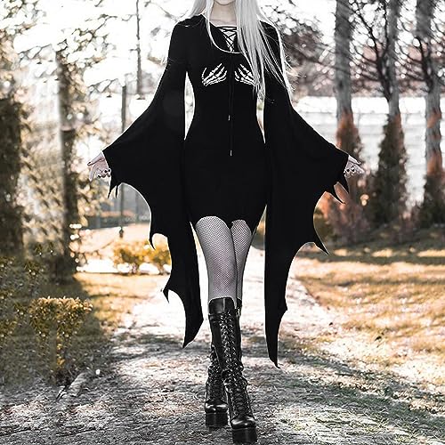Robe médiévale longue en velours noir avec manches évasées de style victorien