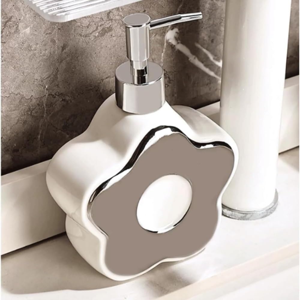 Dozownik mydła łazienkowego Dozownik do mydła w płynie do rąk i naczyń w kształcie kwiatka, ceramiczny, 350 ml, do kuchni i łazienki, do użytku komercyjnego Dozowniki łazienkowe(Silver)