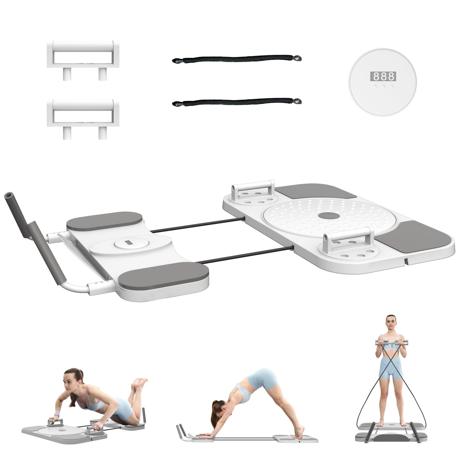 Planche Pilates, équipement Multifonctionnel 5 en 1 pour Pilates Reformer, Appareil d'entraînement Abdominal avec Compteur, kit Pilates pour la Maison, avec Bandes élastiques, pour Usage Domestique