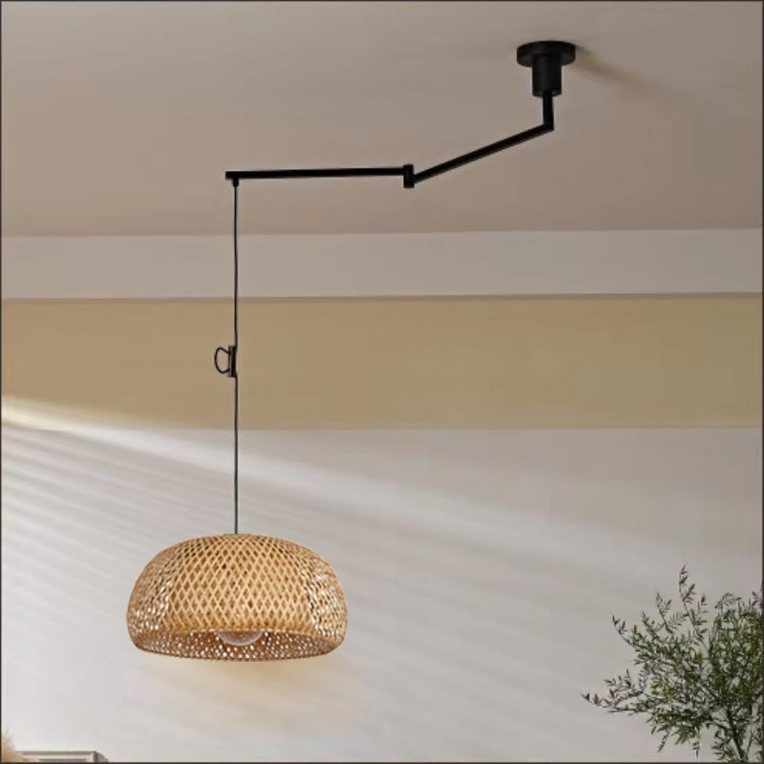 Boho Light Rattan Adjustable Swing Arm Lighting Kitchen Island Hand Woven Bamboo Hanging Lamp Industrial Light Fixture Wicker Coastal Chandelier for Dining Room Bedroom/14.9''