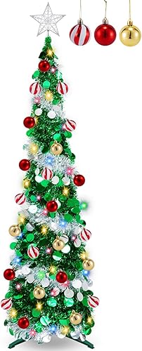 Árbol de Navidad preiluminado de 5 pies con temporizador, 60 luces de cambio de color blanco cálido y multicolor, árbol de Navidad de oropel