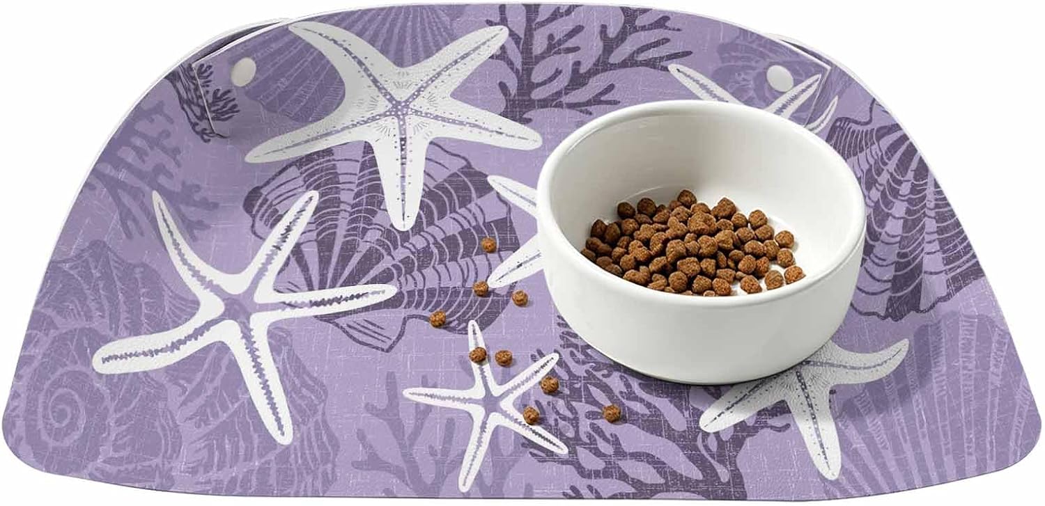 Dog Feeding Mats Lavender Linen Ocean Starfish Dog Bowl Mat Waterproof PU Leather Cat Food Mat Coastal Coral Conch Pet Food Mats for Dogs Cats Water Dispenser Placemat Floor Protector Pet Supplies
