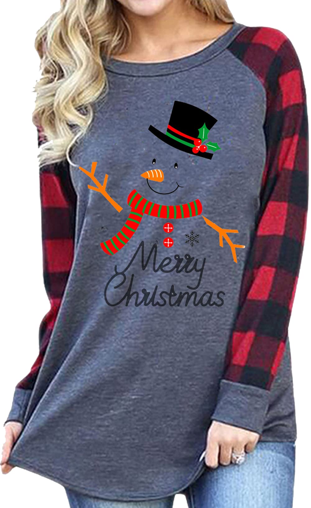 Women's This is My Christmas Movies Watching Shirt Long Sleeve Raglan Snowman T-Shirt Plaid Splicing Tops