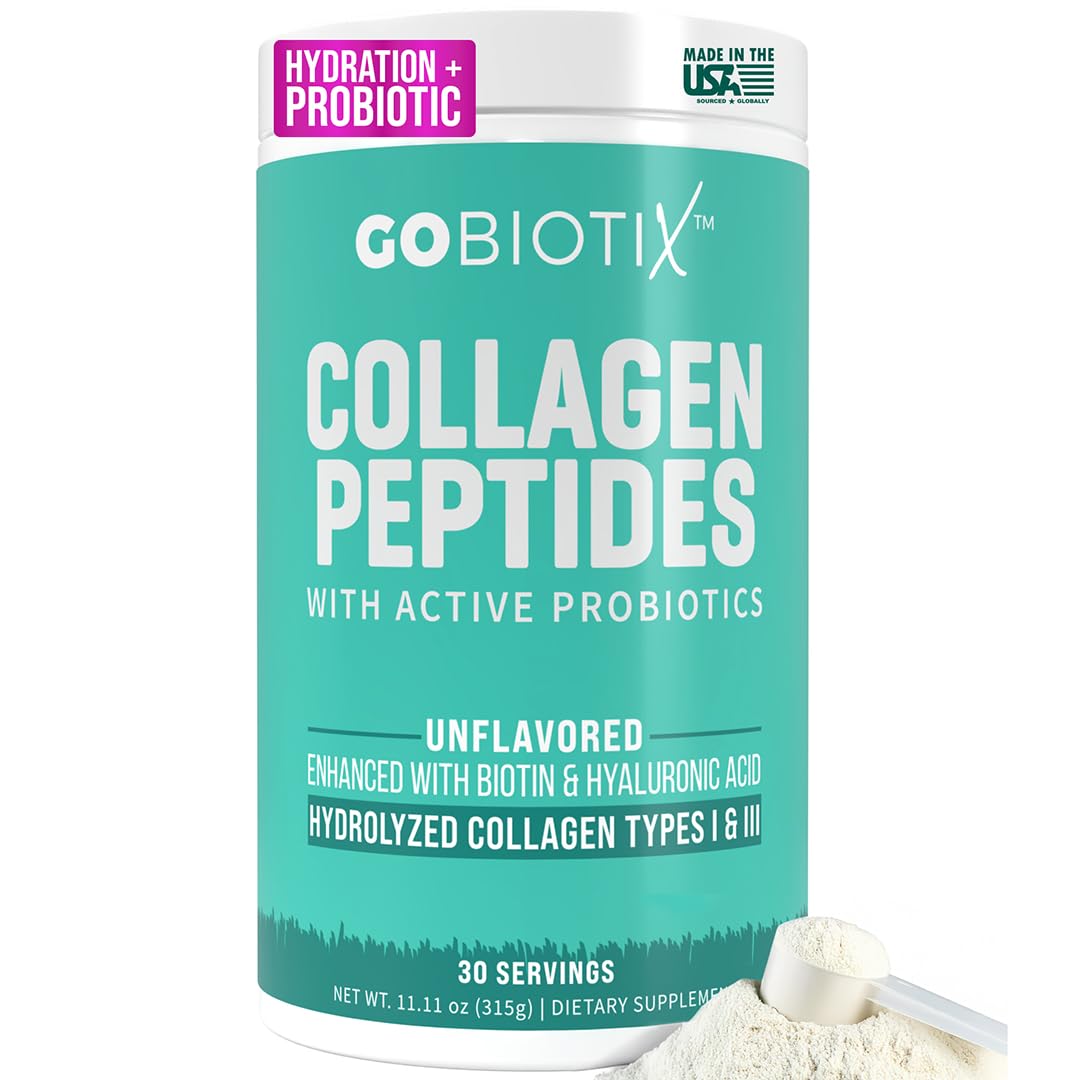 GOBIOTIX Collagen Powder Supplement with Probiotics - Hydrolyzed Protein Collagen Powder for Women - Hair Skin and Nails, Joint and Digestive Health - Collagen Peptides Type I and III - 30 Servings