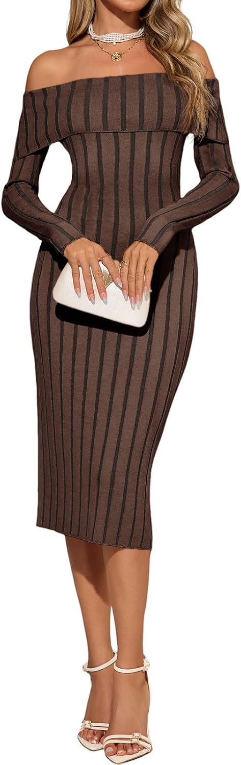 Saodimallsu Womens Off The Shoulder Midi Sweater Dress Long Sleeve Bodycon Elegant Ribbed Knit Formal Cocktail Party Dresses