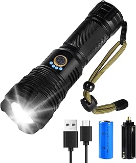 Flashlight Rechargeable, Tactical XHP70 Flashlight 90000 Lumens, Powerful USB Rechargeable Flashlight with Battery, Zoomable, 5 Modes, Military Grade Waterproof LED Flashlights for Camping, Hiking, Emergencies