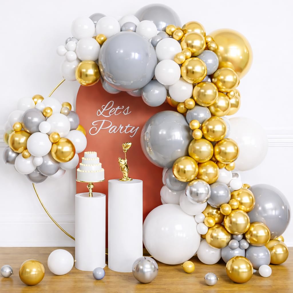 White and Gold Balloon Arch Kit with Grey and Confetti Balloons - 50 Pack, Perfect for Kids, Men, Boy Birthday Party, Wedding, Anniversary, Retirement Decorations