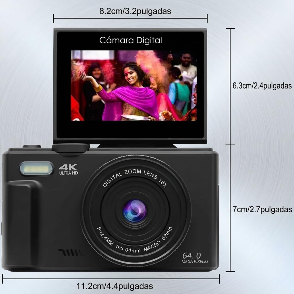 5K Digital Compact Camera Optinexo, Camara Compacta Digital con Zoom 18X y Pantalla Articulada 180 Grados, Tarjeta 32GB Incluida para Viajes y Creacion de Contenido (Negro)