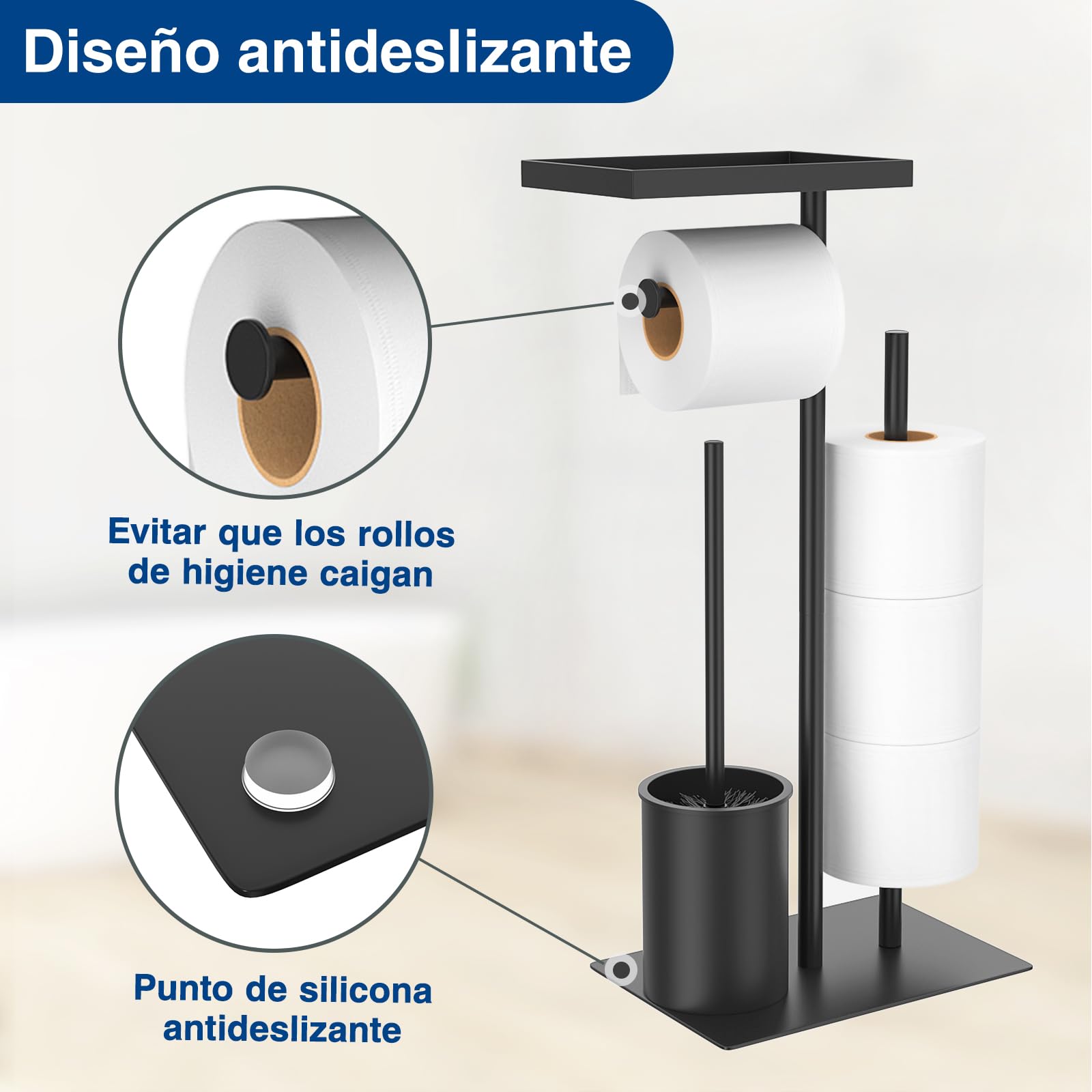 Portarrollo de acero inoxidable higiénico con escobilla, bandeja y soporte para papel