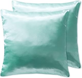 OSVINO Lot de 2 Housse de Coussin Satin Lisse Elégant Housse Taie d'oreiller Carré Confort Soyeux Peau Frais Eté Fermeture Eclair Maison Hôtel, Vert 65x65cm