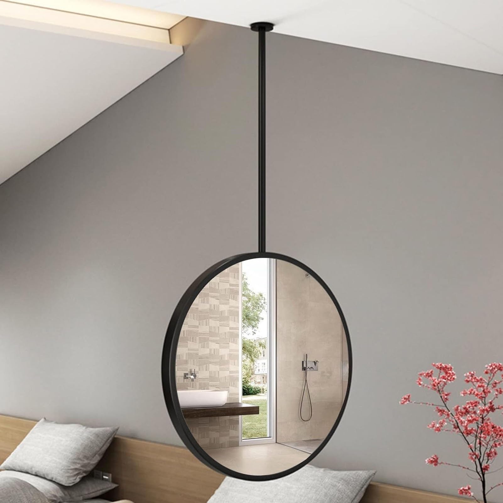 CGCSYZ Large Round Mirror For Ceiling Hanging With Metal Frame And Hanging Rod For Bathroom Vanity Shaving Makeup Mirror Entrance Hallway Wall Decoration Mirror (60cmxrod)