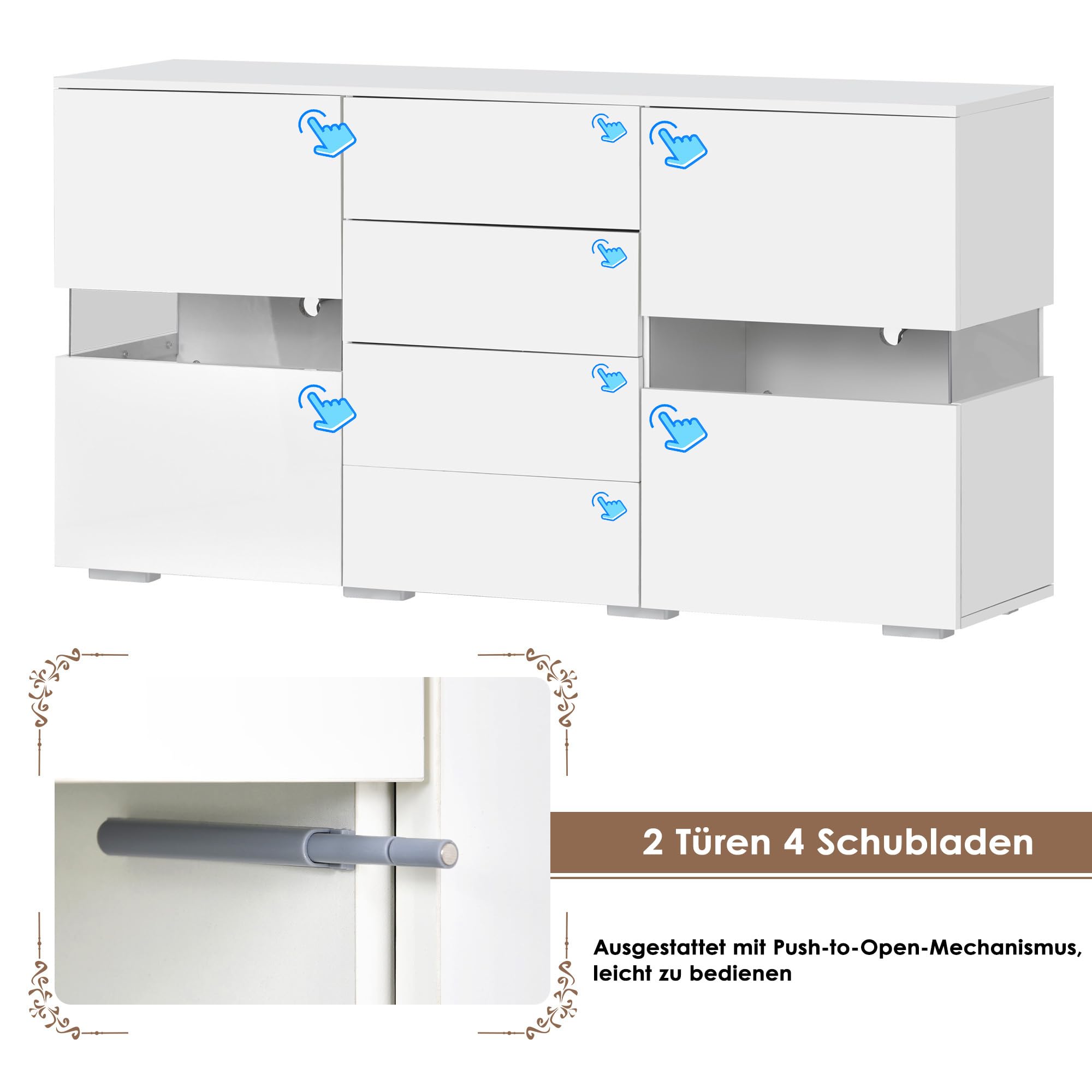 LINKHOO Buffet Blanc Brillant, Armoire de Rangement, avec 16 lumières LED de Couleurs différentes, pour Salle à Manger ou Salon, Charge maximale 50 kg, 140 * 35 * 72 cm, Blanc