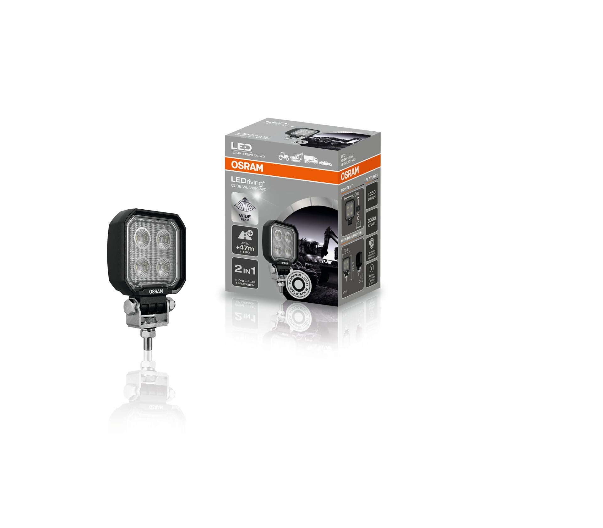 Osram LEDriving Cube WL VX80-WD, LEDWL105-WD, OFF ROAD, LED Arbeitsscheinwerfer, 1350 Lumen, Lichtstrahl bis zu 47 m, 12V/24V, Faltschachtel (1 Lampe)