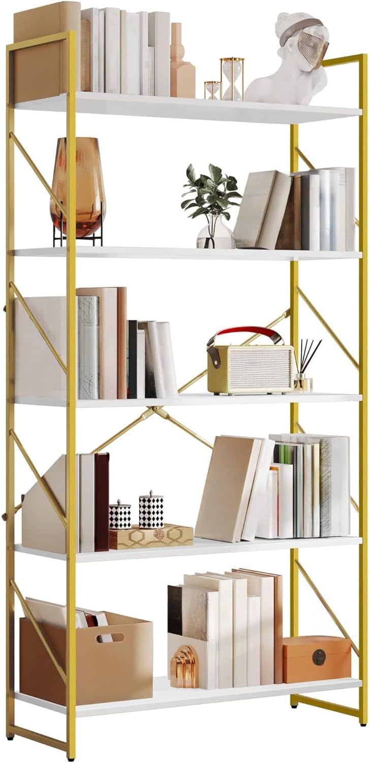 YITAHOME 5 Tiers Gold Bookshelf, Modern Wide Bookcase, Large Book Rack, Storage Rack Shelves in Bedroom/Living Room/Home/Office, Books Holder Organizer for Books, Gold - Image 9