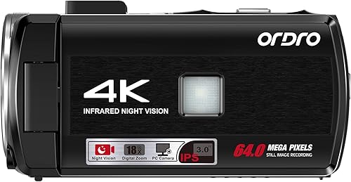 Miniatura 2 de ORDRO Z36 Videocámara 4K, cámara de vlogging de 64MP para YouTube 18X Zoom digital pantalla de rotación de 3.0 pulgadas, visión nocturna IR, mini