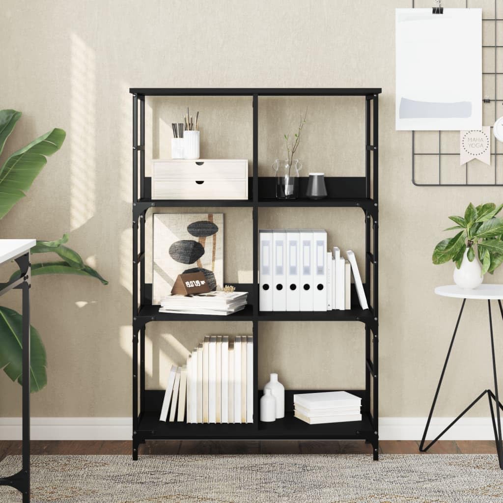 Estantería negra 78,5 x 33 x 117,5 cm, material de madera con marco de acero, diseño industrial moderno, generoso 6 compartimentos, para salón, oficina, dormitorio, pasillo