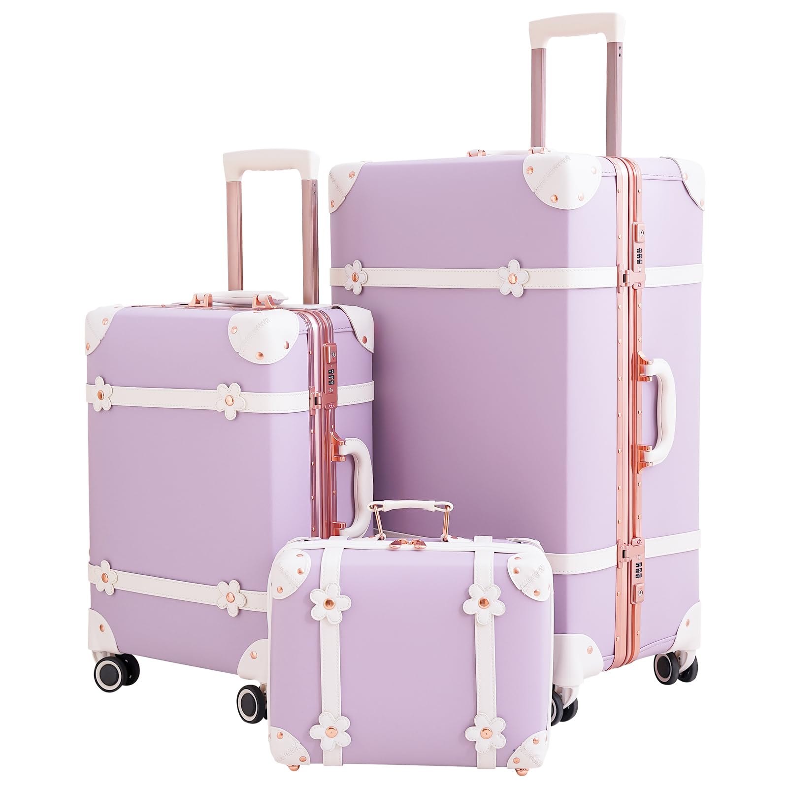 NZBZ Cute Vintage Luggage Sets with TSA Lock 3 Piece Luxury Retro Trunk Hardside Trolley Suitcase for Women (Purple, 14inch & 20inch & 28inch)