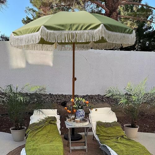 Image of AMMSUN 7ft Patio Umbrella with Fringe Outdoor Tassel Umbrella UPF50+ Premium Steel Pole and Ribs Push Button Tilt, Sage Green