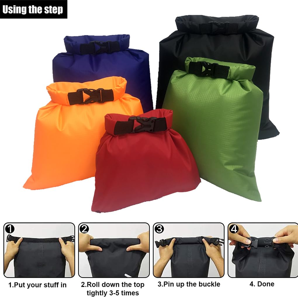 Wasserdichte Trockensäcke für Kajakfahren, Driften, Rafting, Kanu, faltbar, tragbar, Trekking, Schwimmen, Reisesack, gemischte Farben, 3er-Set, 5 Stück