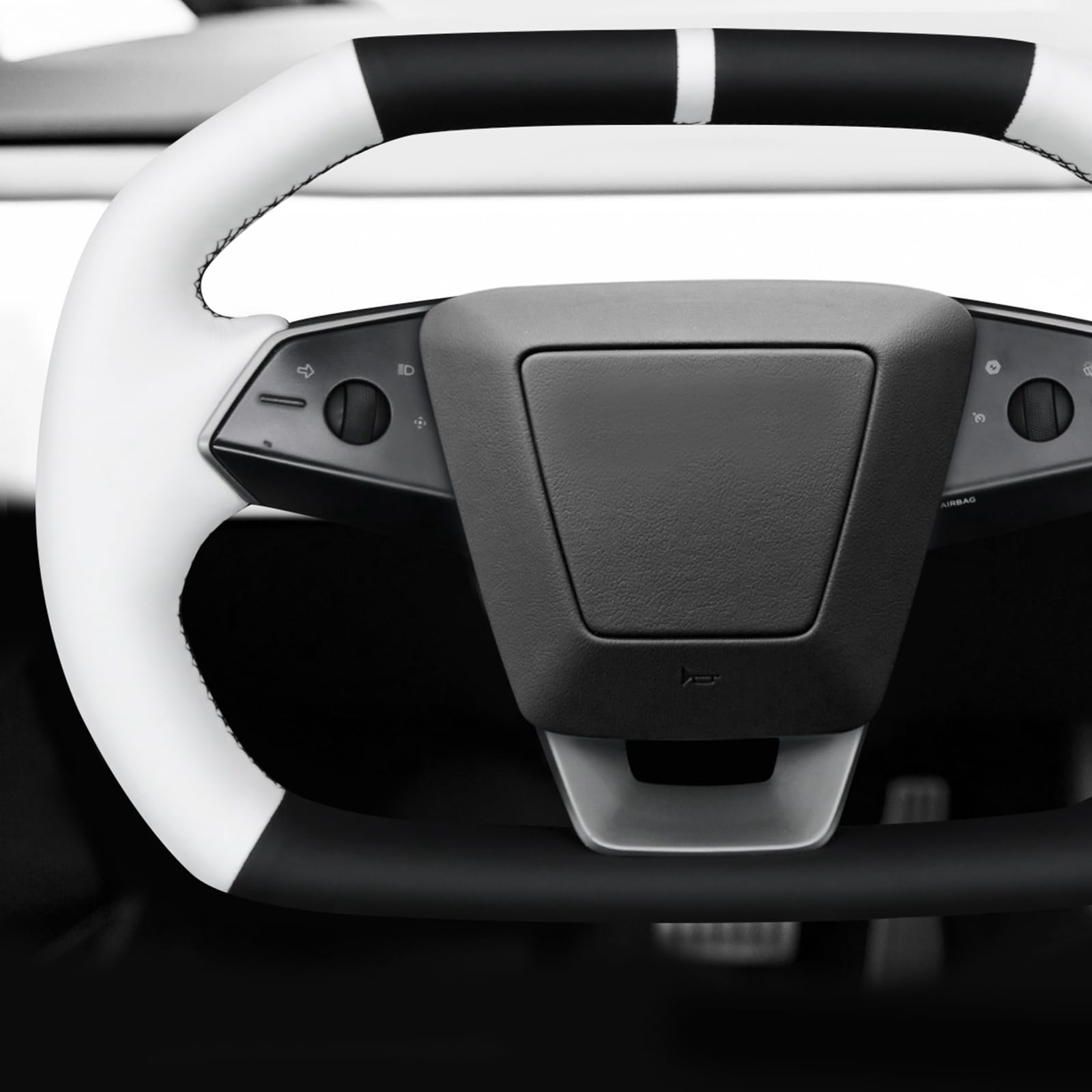 MEWANT Funda de volante de cuero de costura DIY blanca para volante de Tesla Cybertruck 2023-2025 Accesorios de volante para accesorios interiores de Cybertruck