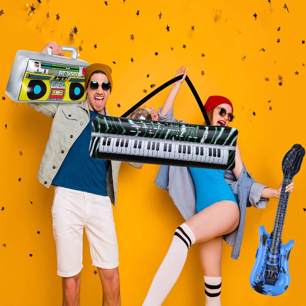 16 Piezas Instrumentos Inflables Rock Colorido Inflable Guitarra Micrófonos Saxofón Inflable Piano Inflable Bajo Inflable Gafas de Radio + Bomba de Aire para Celebraciones Carnaval