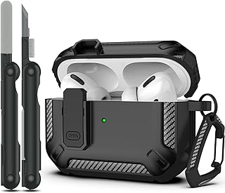 AirPods Pro Case Cover with Cleaner Kit, Military Hard Shell Protective Armor with Lock for AirPod Pro Charging Case, Front LED Visible,Black
