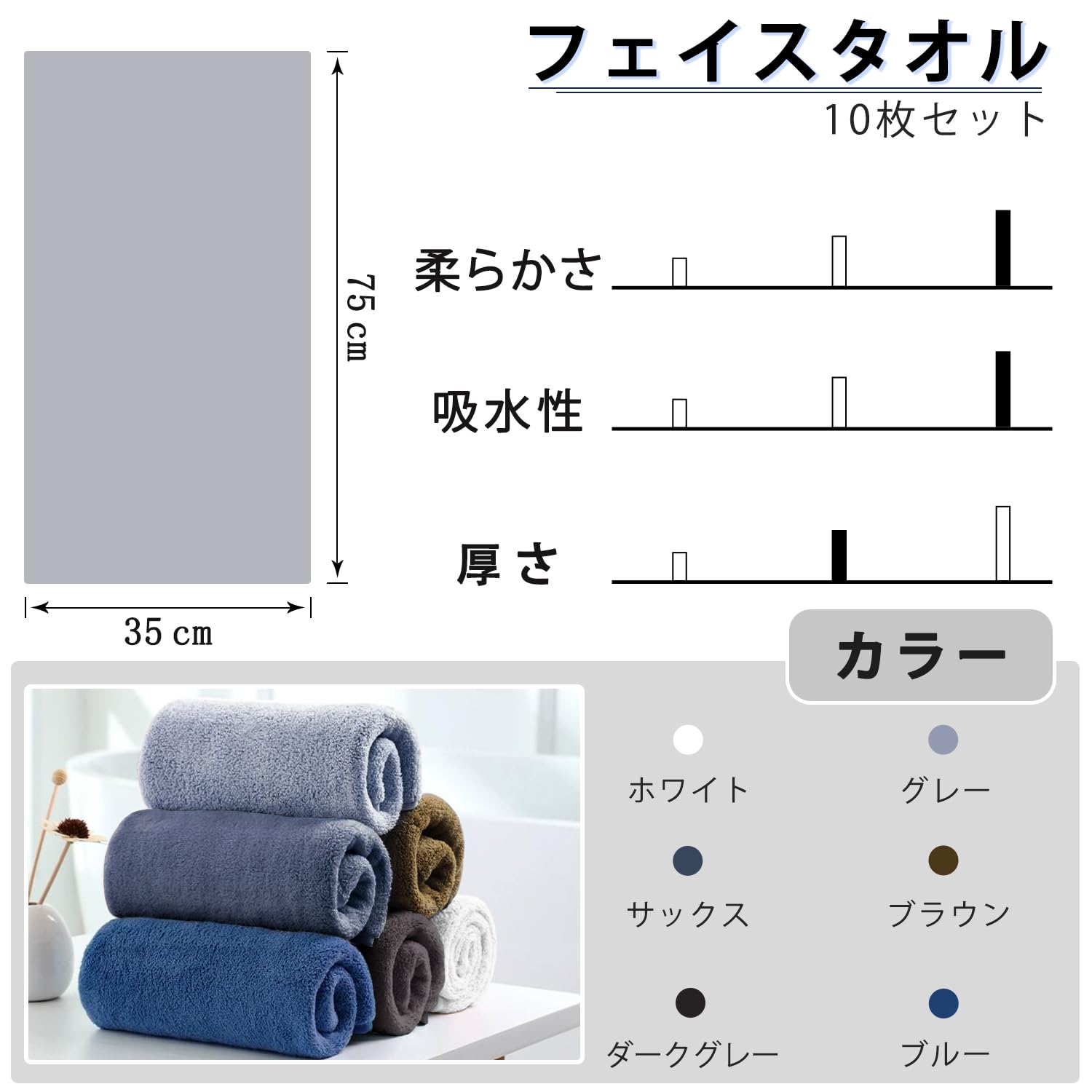 新品 フェイスタオル ダークグレー 10枚セット 耐久性 速乾 吸水