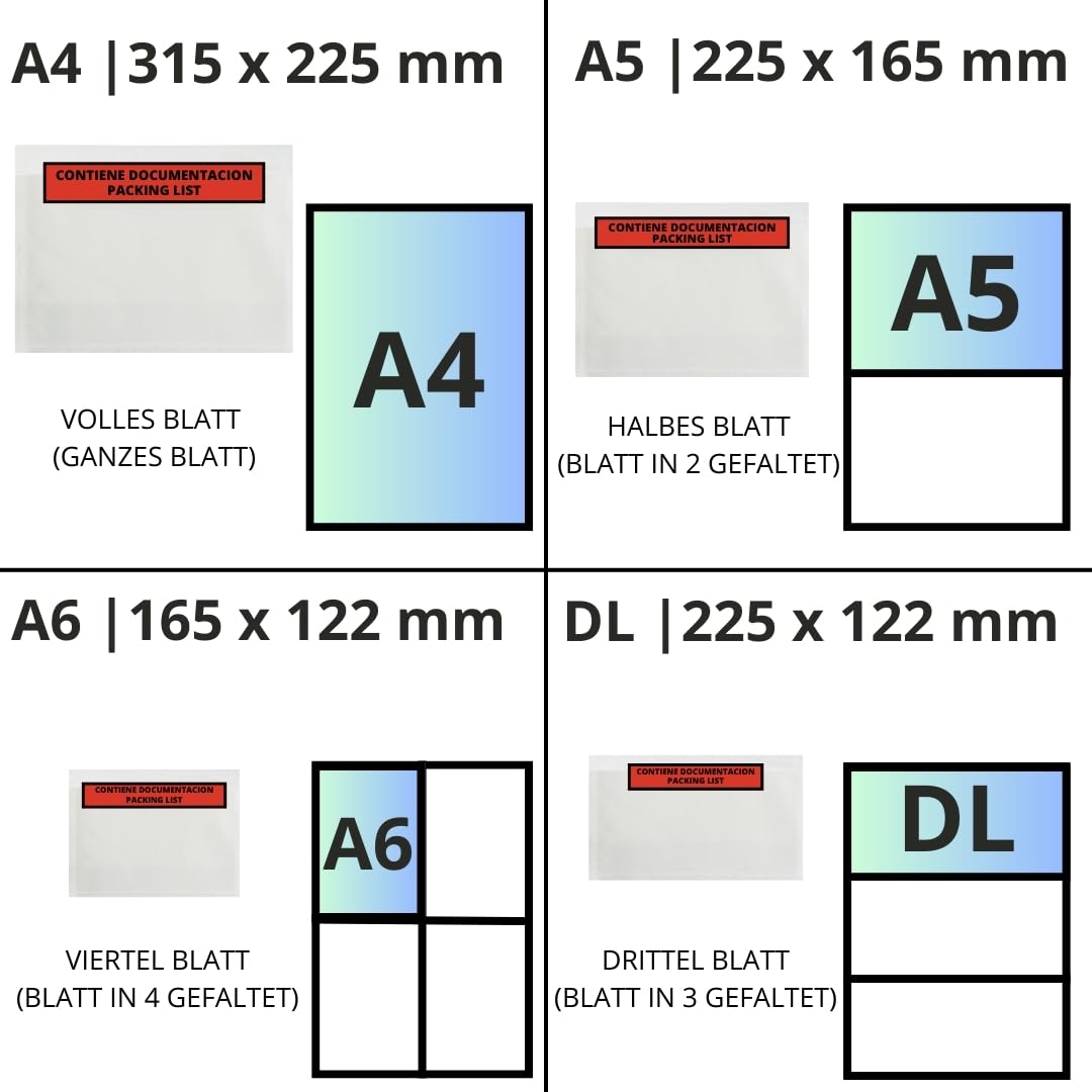 Selbstklebende Dokumentenhülle, Docufix Packing List, A6, A5, A4, DL, Umschlag mit Dokumentation, Lieferschein, transparenter Umschlag aus Kunststoff für Lieferscheine, LADIJET (100, A5, 225 x 165 mm)