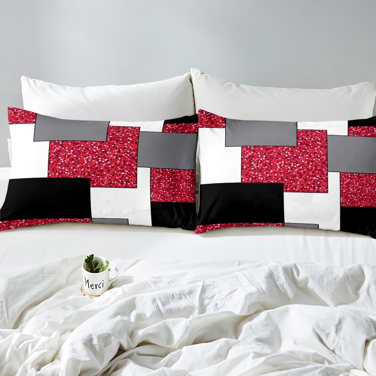 Erosebridal Mid Century Modern Twin Bed Sheets Set,Geometric Striped Sheet Set,Black White Red Sheets,Abstract Bling Flat Fitted Sheet with 1 Pillowcase Bedroom Decor
