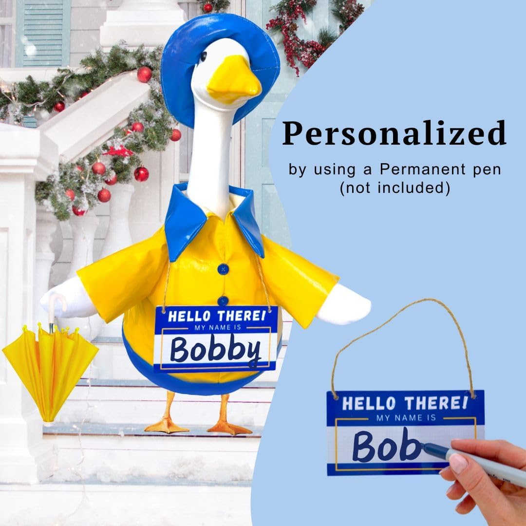 Porch Goose Outfits Raincoat and Personalized Name Sign- Dress Up Your 23in Plastic or Concrete Goose Statue with Funny Costumes and Fall Outfit, Garden Decor Duck Clothes for Outdoor Statues