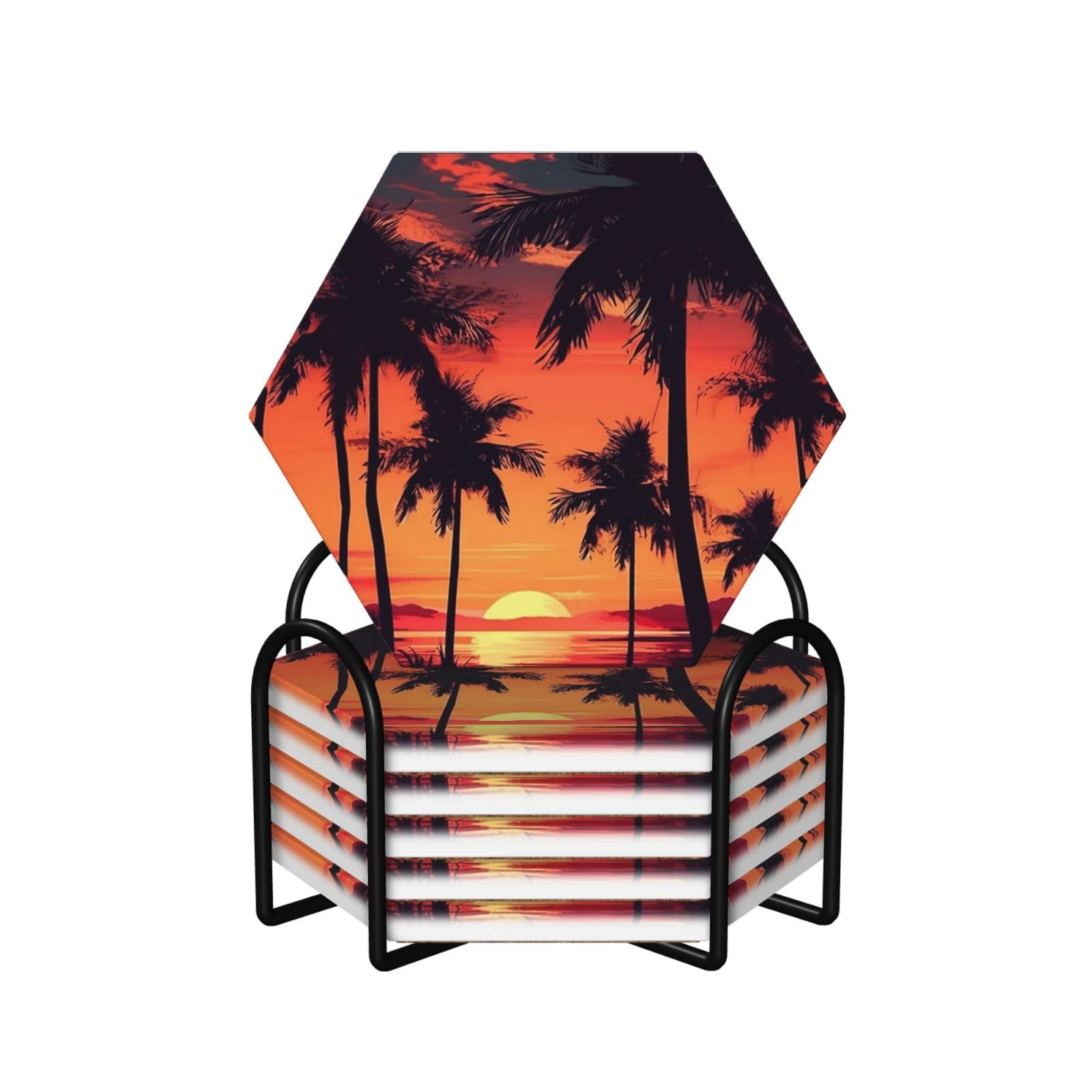 6Pcs Ceramics Coaster for Drinks, Palm Tree Summer Sunset Cup Coasters with Holder, Aesthetic Drink Coasters for Coffee Table, Absorbent Round Coaster for Tabletop Protection 4" Cup Mat Pad