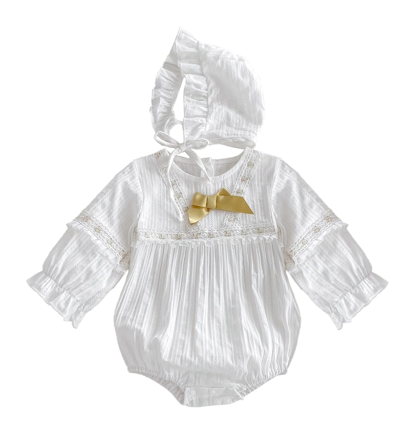 Symunnia Baby Girl Fall Clothes Outfits Cute Long Sleeve Ruffles Embroidered Bubble Romper Lapel Jumpsuit Bodysuit with Hat 2PCS(3-6months,White#1)