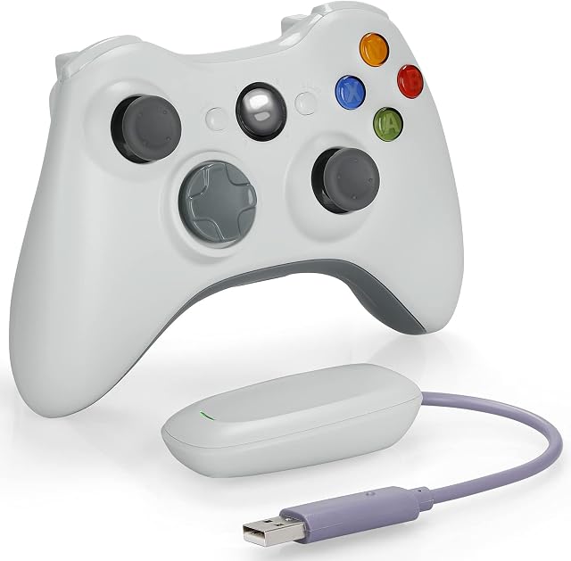 YCCTEAM Xbox 360 Wireless Controller, 2.4GHz Enhanced Dual Vibration Xbox 360 Game Controller with Receiver Remote Gamepad for Xbox 360, PS3 and PC Windows 7/8/10 -No Audio Jack(White)