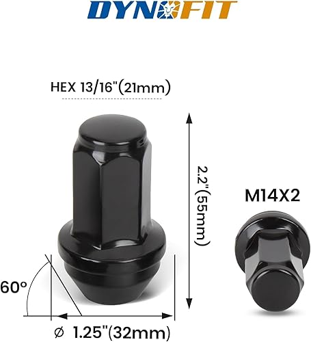 Vista 75 de Dynofit - Tuercas para rueda M14-1.5 de una sola pieza, tuercas OEM de 14x1.5, tuercas de 1.75 pulgadas (45mm) de altura, hexagonales de 7/8 Negro