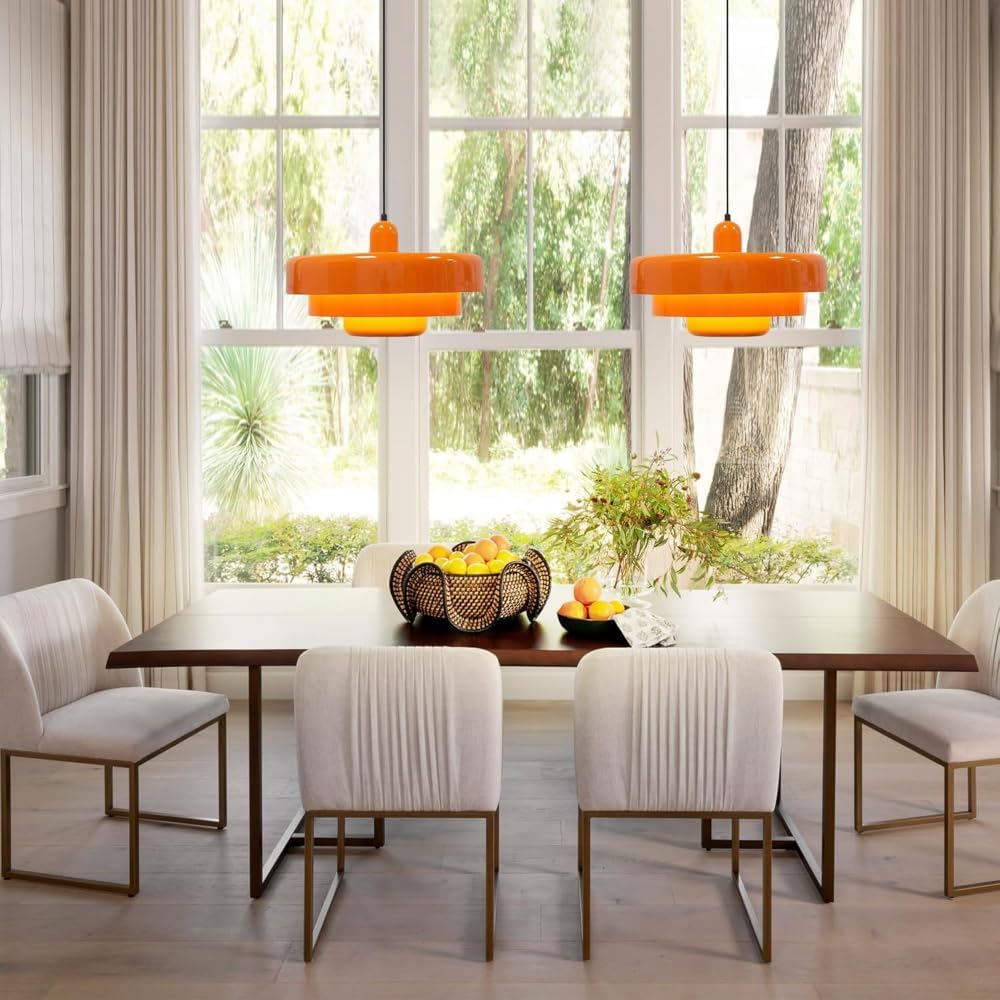 Orange Danish Modern Pendant Lamp, 3-Layer Shade Scandinavian Ceiling Light, Metal Flush Mount Fixture for Dining Table, Kitchen Island, Hallway (Plug-in)