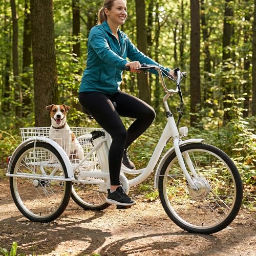 Triciclo eléctrico para Adultos de 24 Pulgadas, Carga de 150 kg, autonomía de 35 km con batería extraíble, 3 Modos, Doble Freno, Scooter para Personas Mayores, Color Blanco.