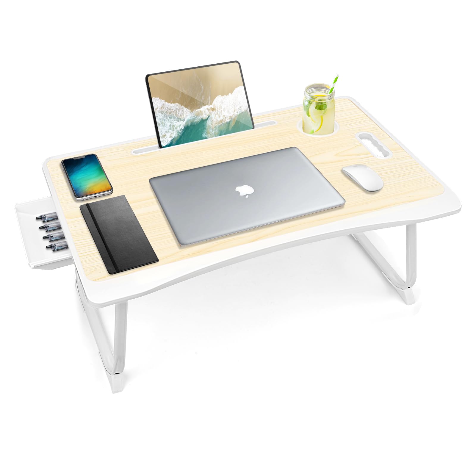 Amaredom Laptop Bed Desk Tray Bed Table, Foldable Portable Lap Desk Notebook Stand Reading Holder with Storage Drawer and Cup Holder for Eating Breakfast on Bed/Couch/Sofa-White Maple