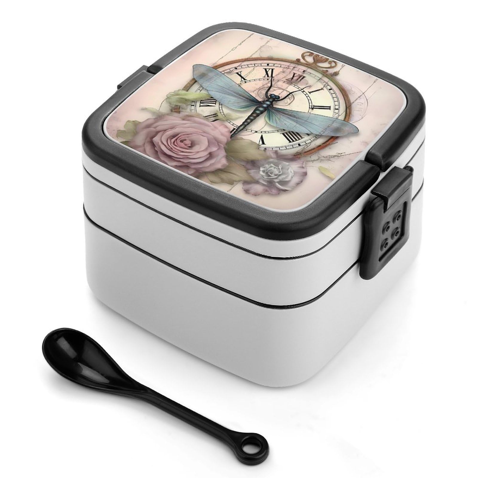 CGSBNGHA Clock Dragonfly Rose Bento Lunch Box 2 Layer Lunchbox Food Container for Adults Office